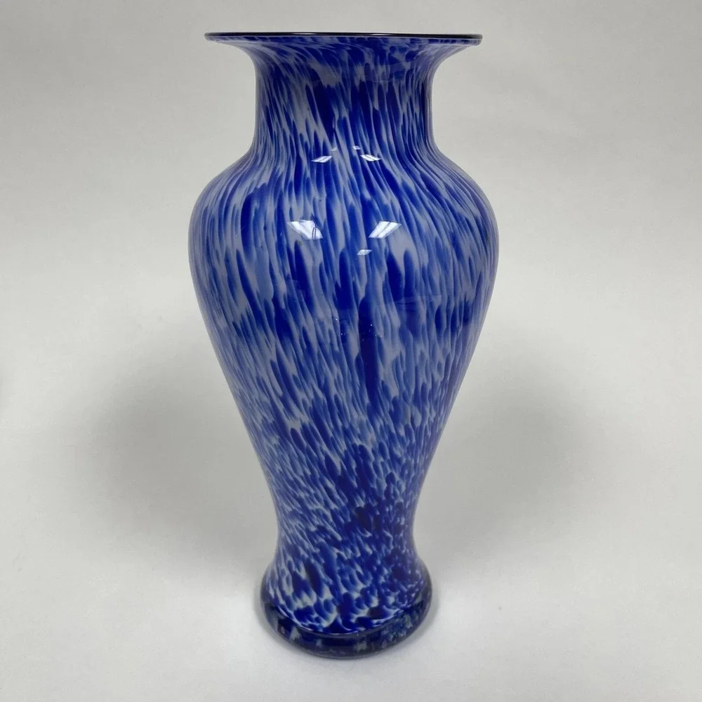 Blue White Glass Vase 11 3/8